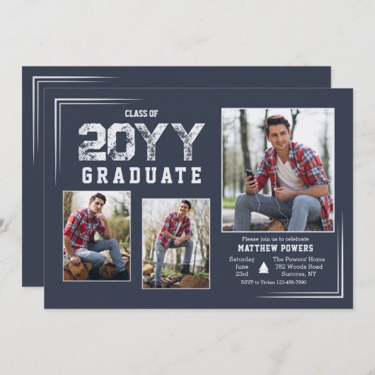 Silver en Blue Photo Afstuderen Invitation Kaart (Voorkant / Achterkant)