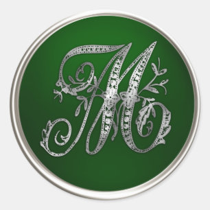 Silver en Emerald Monogram M Envelope Seal Ronde Sticker