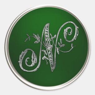 Silver en Emerald Monogram N Envelope Seal Ronde Sticker