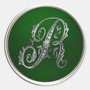 Silver en Emerald Monogram R Envelope Seal Ronde Sticker