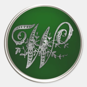 Silver en Emerald Monogram W Envelope Seal Ronde Sticker