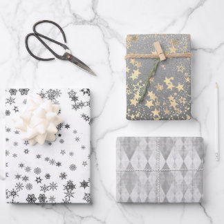 Silver en Gold Harlequin Snowflakes Stars Inpakpapier Vel