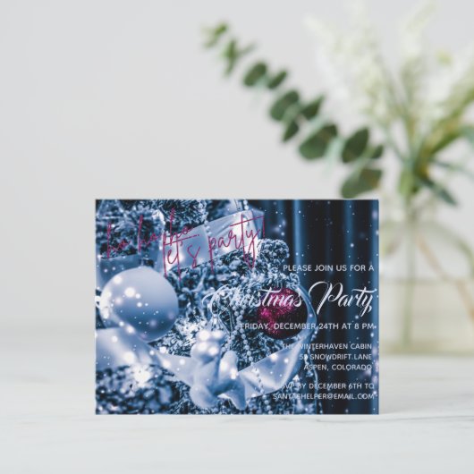 Silver en Magenta Glitter Bauble-kerstparty Uitnodiging Briefkaart (Staand voorkant)