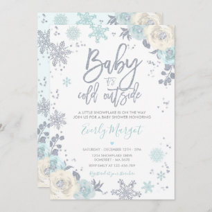 Silver en Mint Floral Winter Baby shower Snowflake Kaart