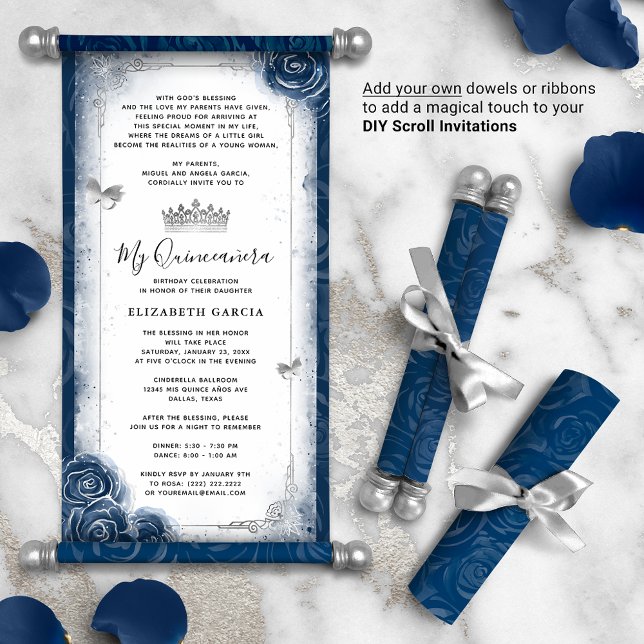 Silver en Navy Blue Quince DIY Scroll Uitnodiginge (DIY scrolls do not come with dowels. Add your own or roll up with a ribbon for an elegant touch!)