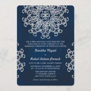 SILVER EN NAVY INDIAN STYLE WEDDING INVITATION KAART