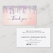 Silver en paarse glitter dank u script insert visitekaartje (Voorkant / Achterkant)