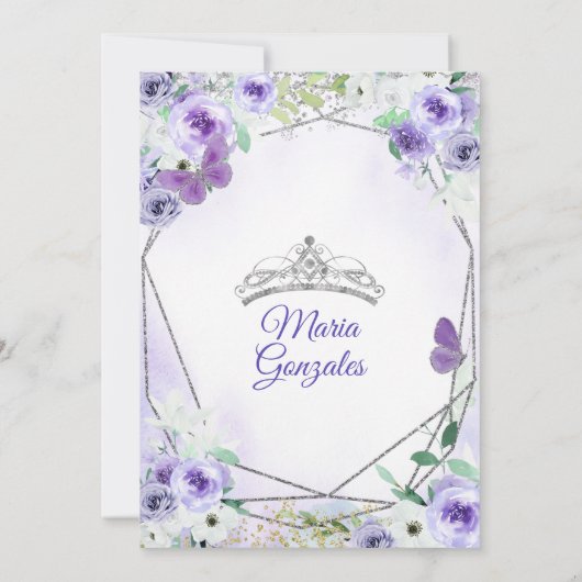 Silver en Paarse Mis Quince Invitation Kaart (Achterkant)