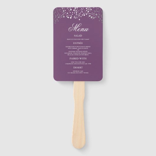 Silver en Plum Paarse bruiloft menu's Handwaaier (Voorkant)
