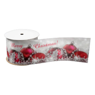 Silver en Red Merry kerstsatin Ribbon Lint