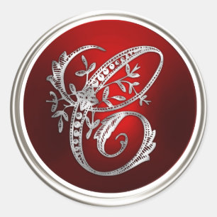 Silver- en Red Monogram C Envelope Seal Ronde Sticker