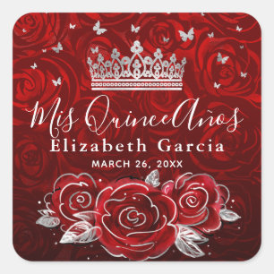 Silver en Red Rose Elegant Sjabloon Square Sticke Vierkante Sticker