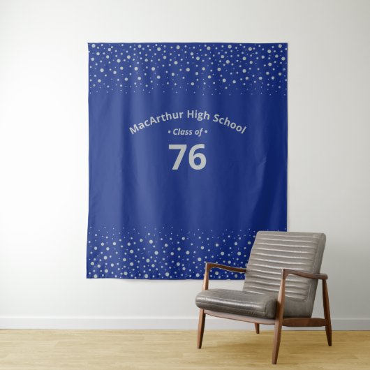 Silver en Royal Blue | Klasse Reunion Party Tapest Wandkleed (In situ)