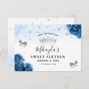 Silver en Royal Blue Rozen Elegant Save the Date