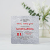 Silver en Ruby Red Sparkly Quinceañera Uitnodiging (Staand voorkant)