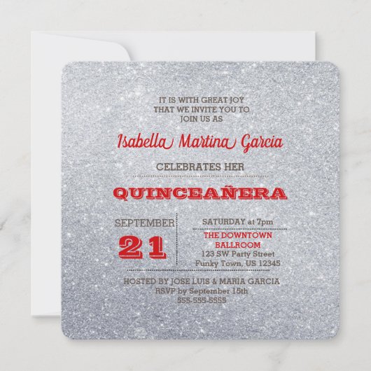 Silver en Ruby Red Sparkly Quinceañera Uitnodiging (Voorkant)