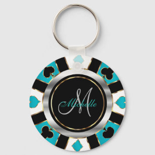 Silver en Turquoise Poker Chip Design - Monogram Sleutelhanger