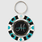 Silver en Turquoise Poker Chip Design - Monogram Sleutelhanger (Achterkant)