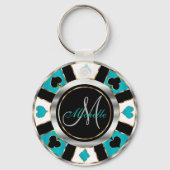 Silver en Turquoise Poker Chip Design - Monogram Sleutelhanger (Voorkant)