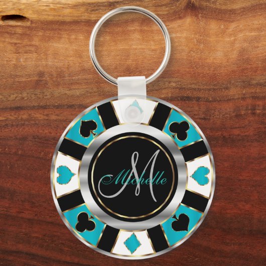 Silver en Turquoise Poker Chip Design - Monogram Sleutelhanger (Achterkant)