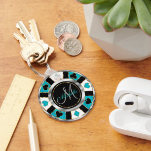 Silver en Turquoise Poker Chip Design - Monogram Sleutelhanger