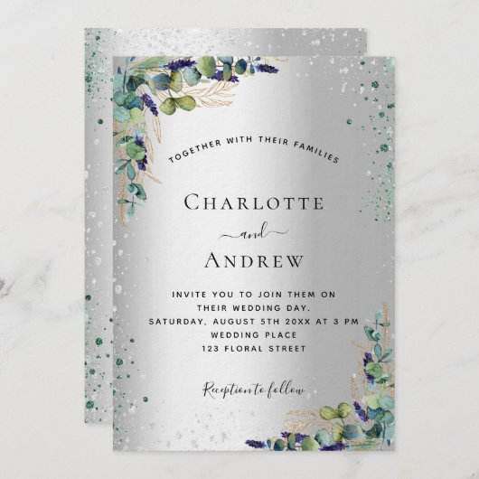 Silver eucalyptus greenery sparkle luxe bruiloft kaart (Voorkant / Achterkant)