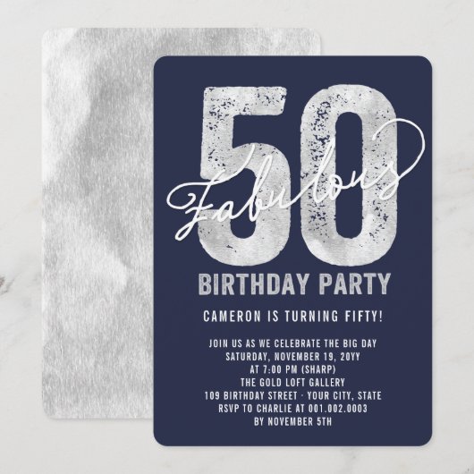 Silver Fabulous 50th Birthday Party Invite Kaart (Voorkant / Achterkant)