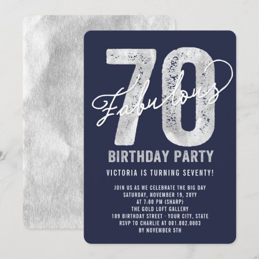 Silver Fabulous 70th Birthday Party Invite Kaart (Voorkant / Achterkant)