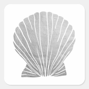 Silver Faux Elegant Metallic Seashell Wedding Squa Vierkante Sticker