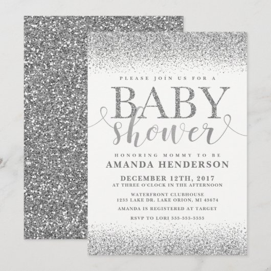 Silver Faux Glitter Baby shower Invitation Kaart (Voorkant / Achterkant)