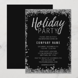 Silver Faux Glitter Black Holiday Party Kaart