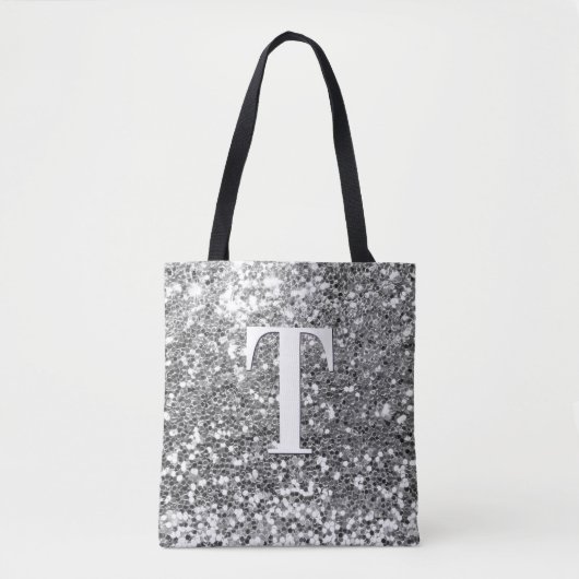 Silver Faux Glitter Bokeh Sparkles Monogram Draagtas (Voorkant)