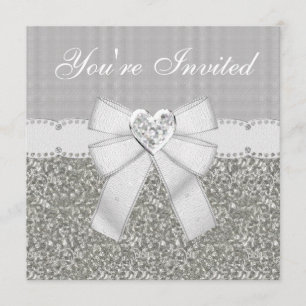 Silver Faux Glitter & White Sparkle Heart Jewel Kaart