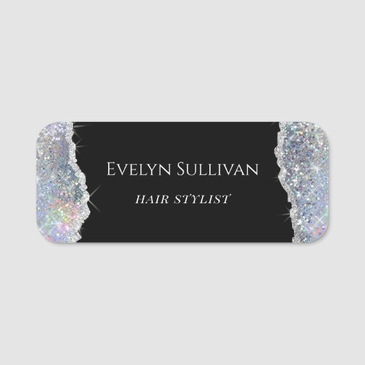 Silver faux iridescent glitter naamplaatje (Voorkant)