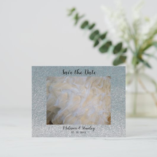Silver Faux Sparkle sparen de Datum Aankondigingskaart (Staand voorkant)