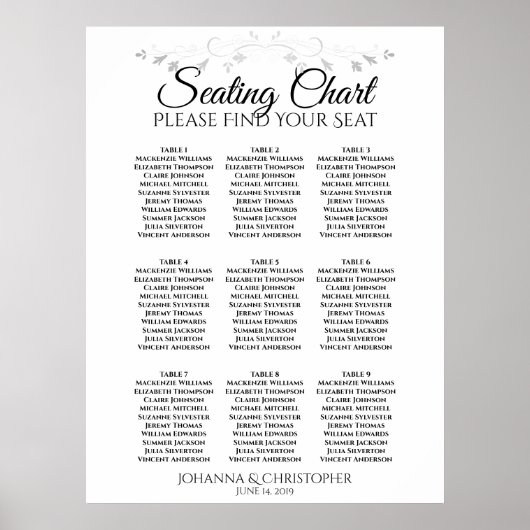 Silver Filigree 9 Table Wedding Seating Chart Poster (Voorkant)