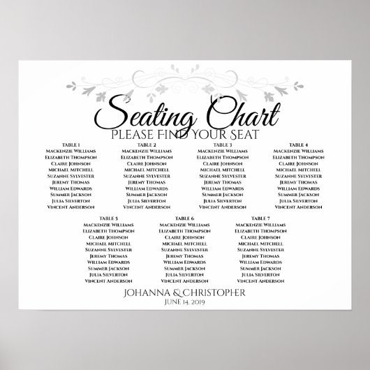 Silver Filigree Chic 7 Table Wedding Seding Chart Poster (Voorkant)