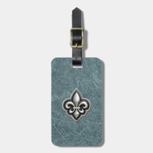 Silver Fleur de Lis op Blauwgroen leder Bagagelabel