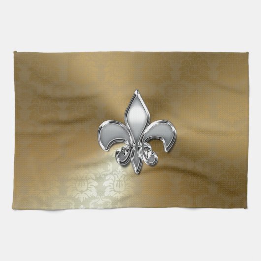 Silver Fleur-De-Lis op Gold Damask Theedoek (Horizontaal)