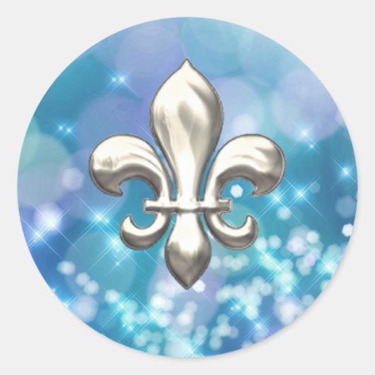 Silver Fleur de Lis op Twinkle Blue Ronde Sticker (Voorkant)