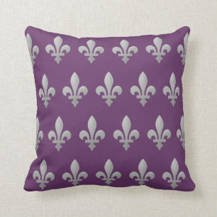 Silver Fleur de lys Floral Regal Paars Throw Kussen