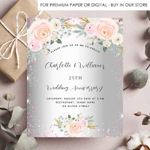 Silver Floral 25th bruiloft-uitnodiging Flyer