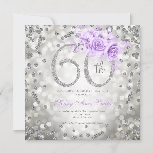 Silver Floral 60th Birthday Glam Lights Paars (Voorkant)