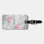Silver floral blush roze glitter monogram naam bagagelabel (Voorkant horizontaal)