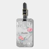 Silver floral blush roze glitter monogram naam bagagelabel (Voorkant verticaal)