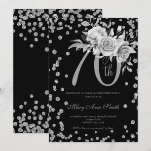 Silver Floral & Confetti 70th Birthday Party Black Kaart