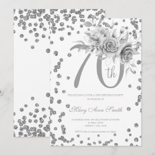 Silver Floral & Confetti 70th Birthday Party Kaart