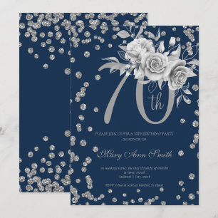 Silver Floral & Confetti 70th Birthday Party Navy Kaart