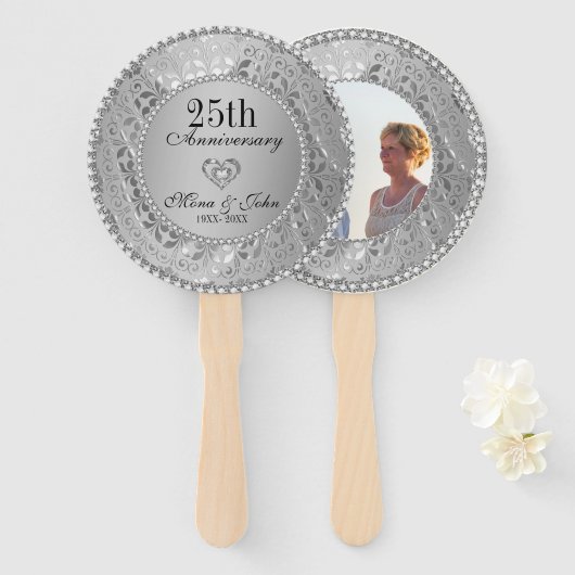 Silver Floral Damask Jubileum Hand Fan Handwaaier (Voorkant en achterkant)