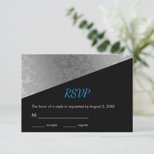 Silver Floral Damask Pattern RSVP Kaartje (Staand voorkant)